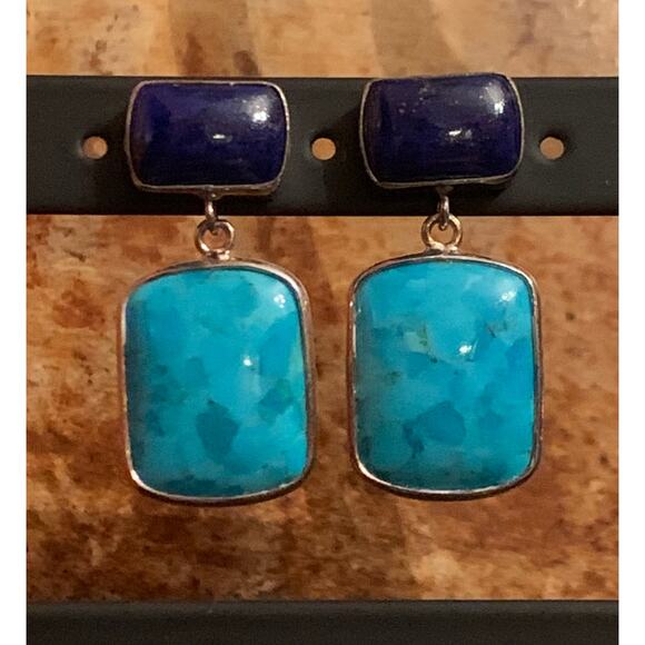 Sterling Silver, Turquoise and Lapis Earrings by CN - Picture 3 of 5